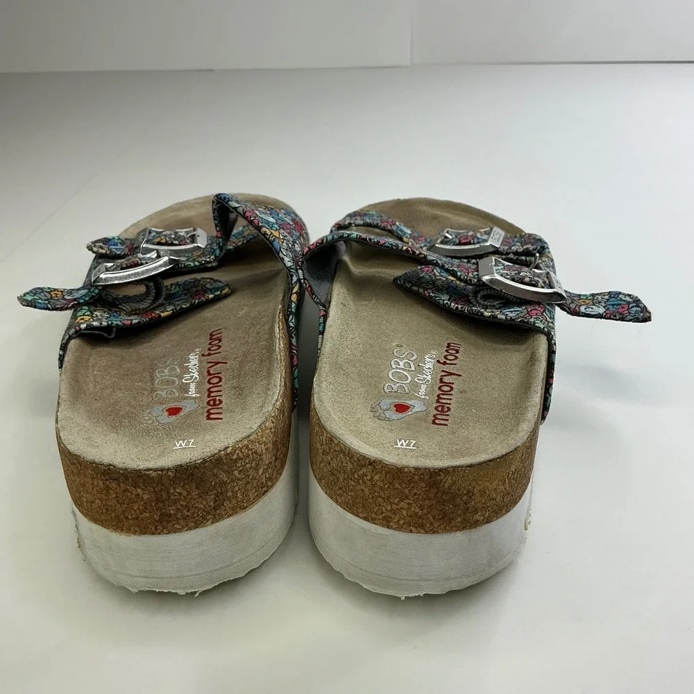 BOBS Skechers Multicolor Dog Print Slide Sandals Kids Size 7 Memory Foam Buckle